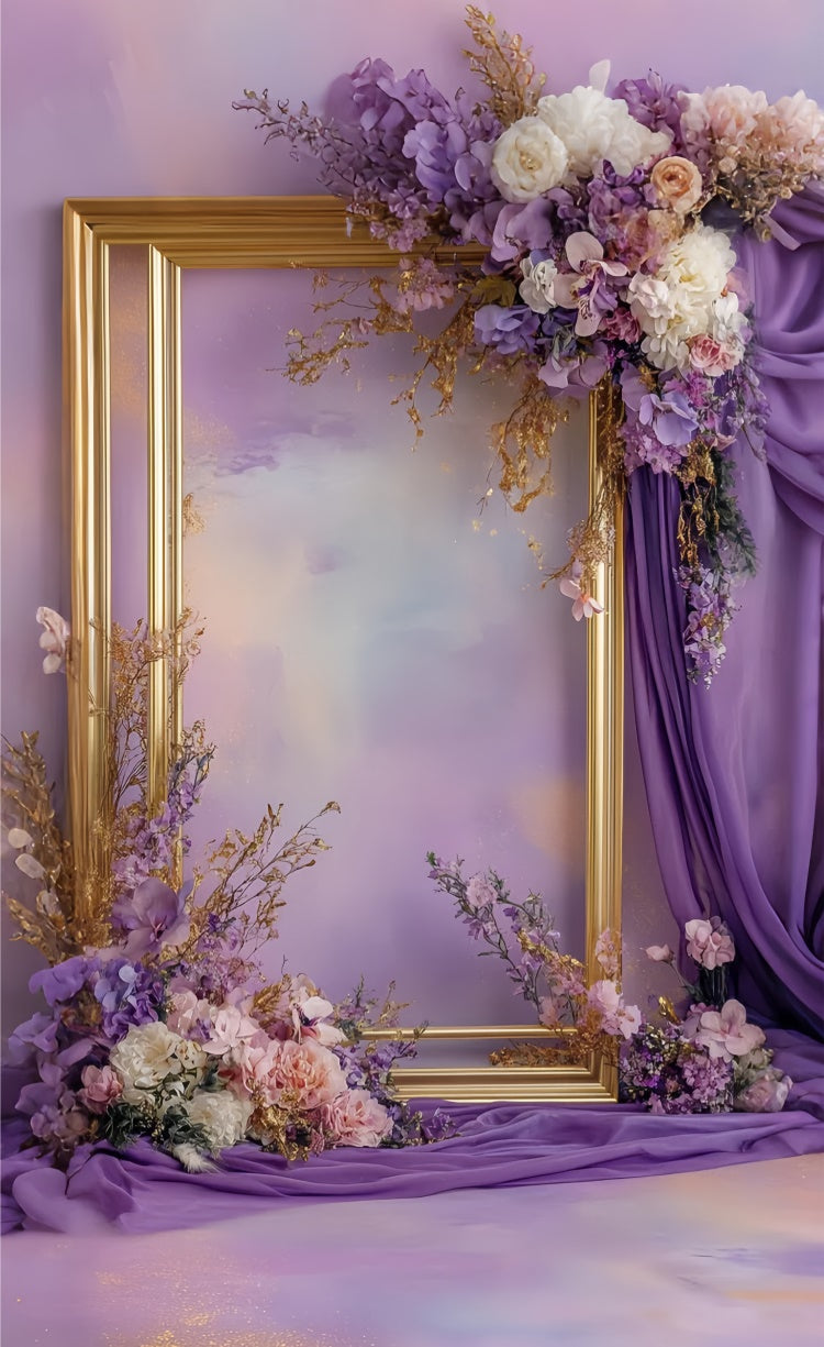 Floral Backdrops Elegant Gold Frame Purple Floral Sweep Backdrop LXX2-282