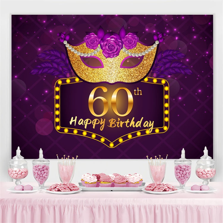 Personalized 60th Birthday Backdrop Glitter Mask Purple Backdrop LXX3-108