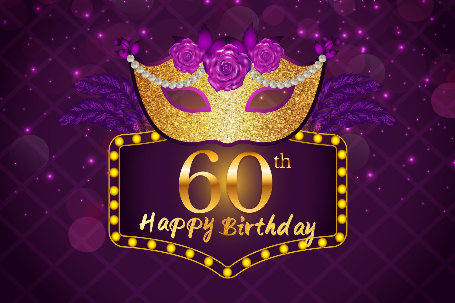 Personalized 60th Birthday Backdrop Glitter Mask Purple Backdrop LXX3-108