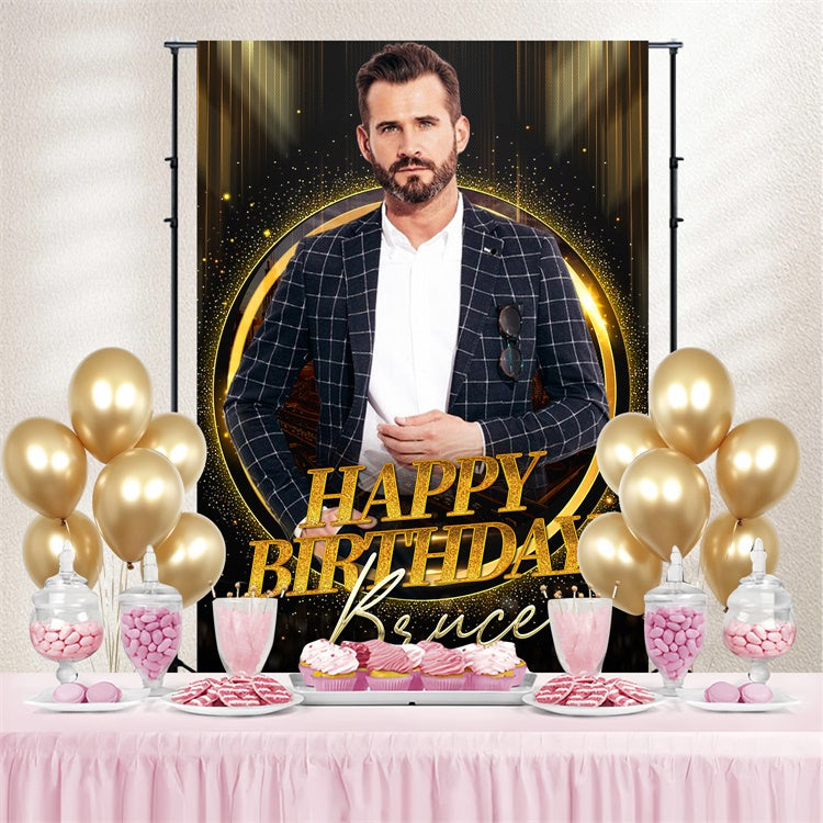 Personalized Birthday Photo Backdrop Elegant Black Gold Backdrop LXX3-111