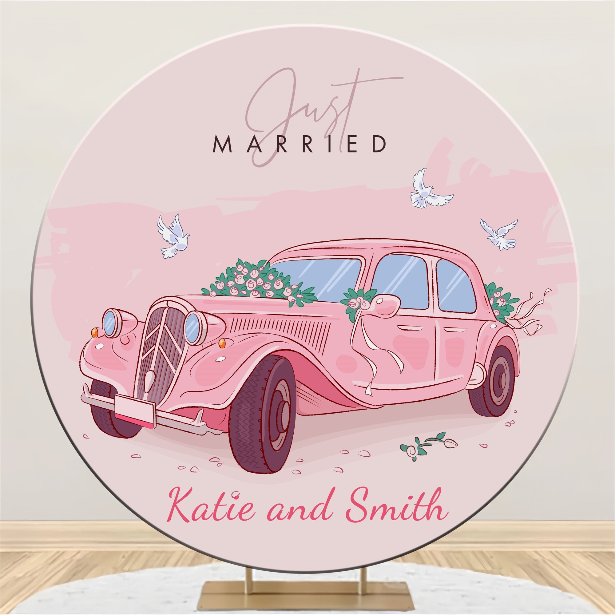 Custom Wedding Photo Backdrop Vintage Pink Car Round Backdrop LXX3-130