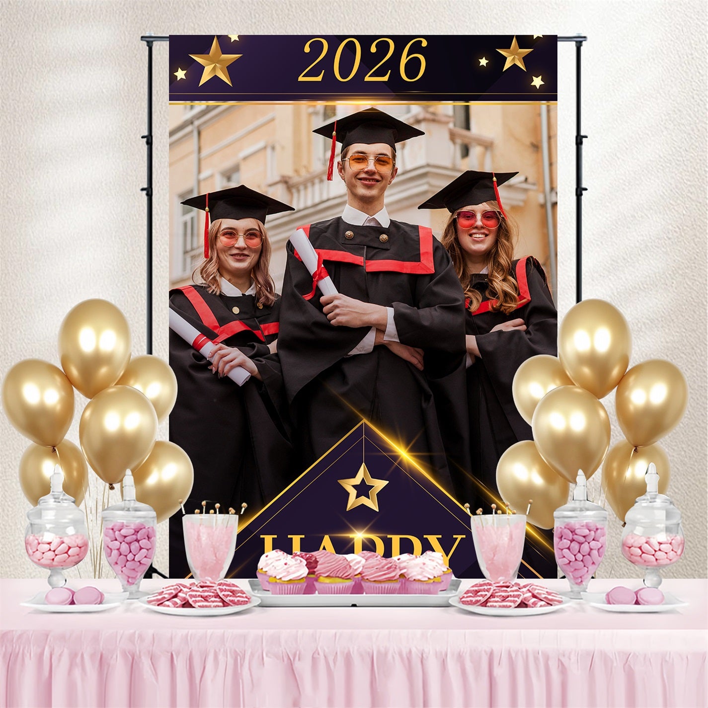 Custom Graduation Photo Backdrop Gold Stars Graduation Party Backdrop LXX3-151