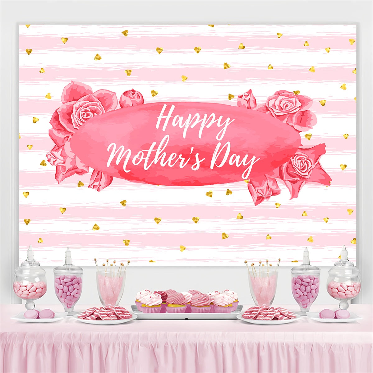 Mother's Day Backdrop Ideas Pink Striped Floral Customized Backdrop LXX3-68