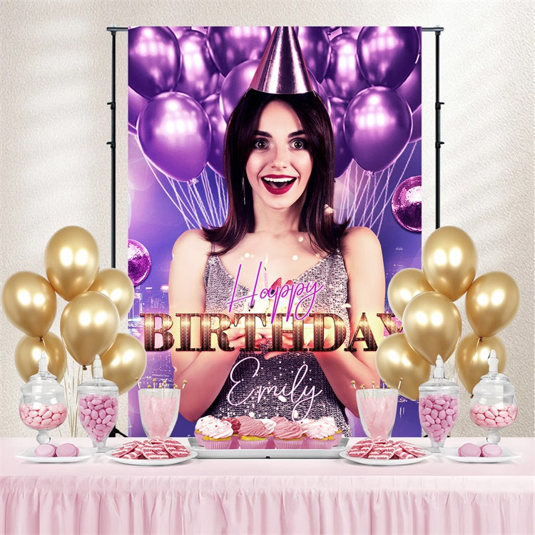 Custom Happy Birthday Backdrop Purple Glitter Balloons Backdrop LXX4-1