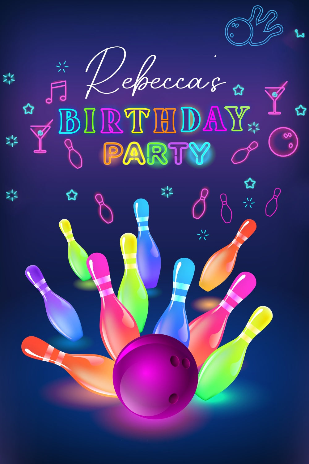 Custom Happy Birthday Backdrop Neon Bowling Party Fun Backdrop LXX4-12