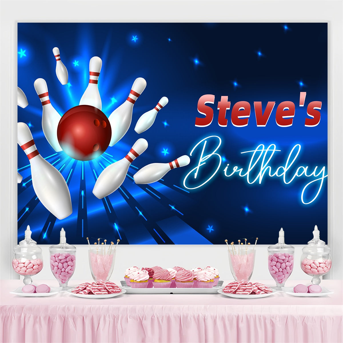 Personalized Backdrop For Birthday Glowing Bowling Pins Backdrop LXX4-13