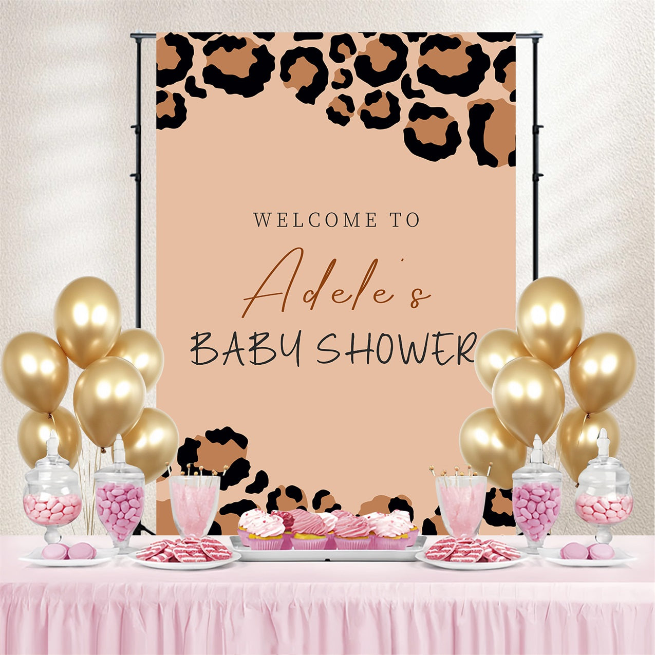 Baby Shower Backdrop Tan Leopard Welcome Personalised Backdrop LXX4-214