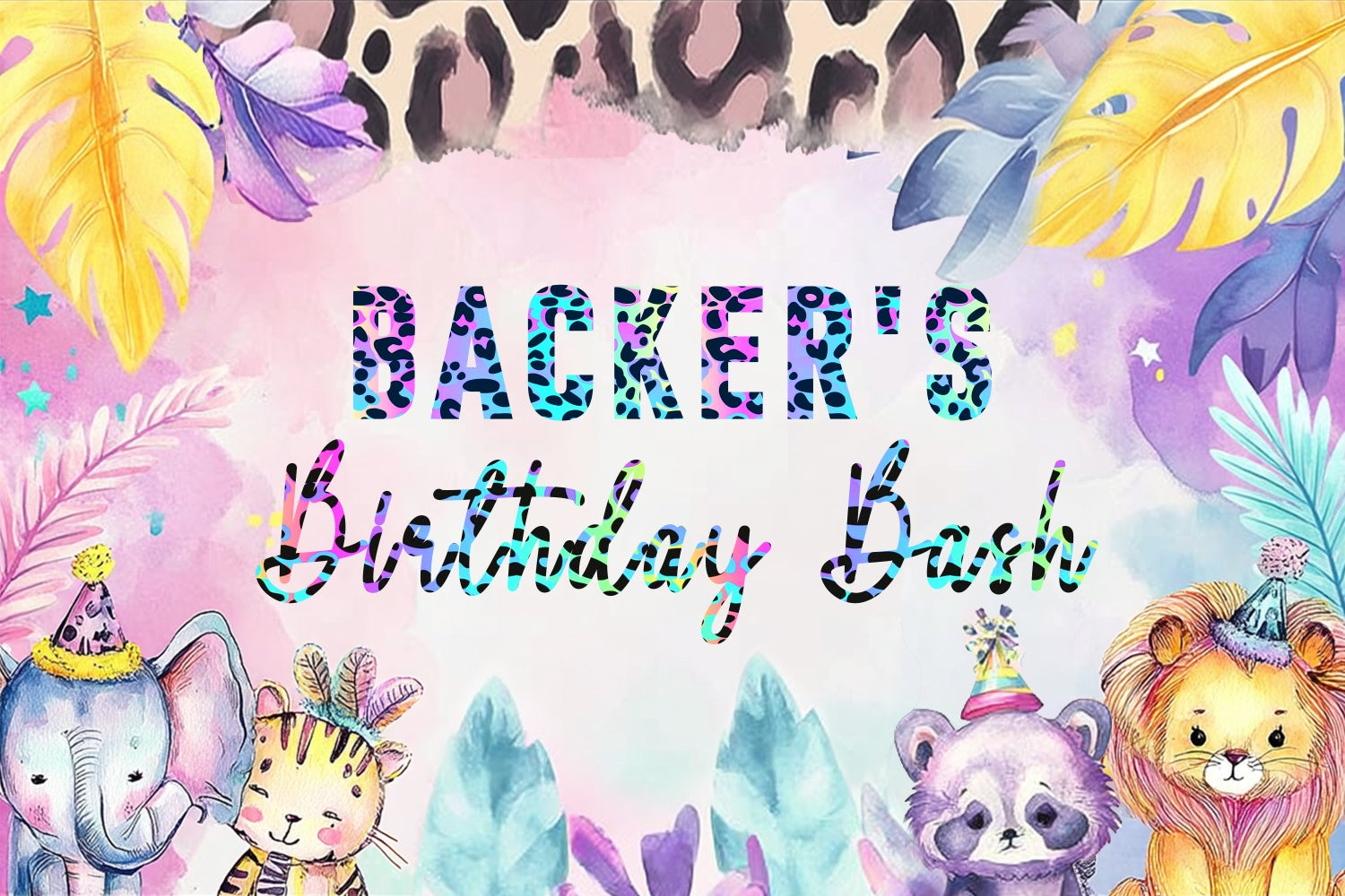 Custom Birthday Backdrops Pastel Cartoon Animal Bash Backdrop LXX4-24