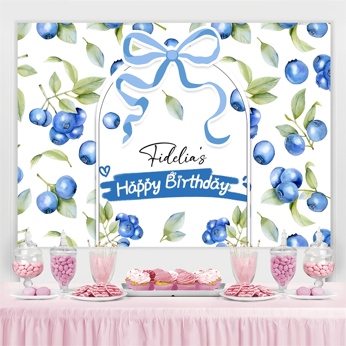 Customized Birthday Backdrop Blueberry Leaves Watercolor Backdrop LXX4-33