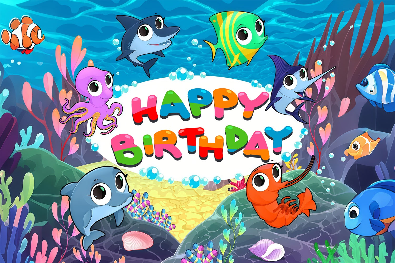 Customized Backdrop For Birthday Cute Marine Creatures Backdrop LXX4-35