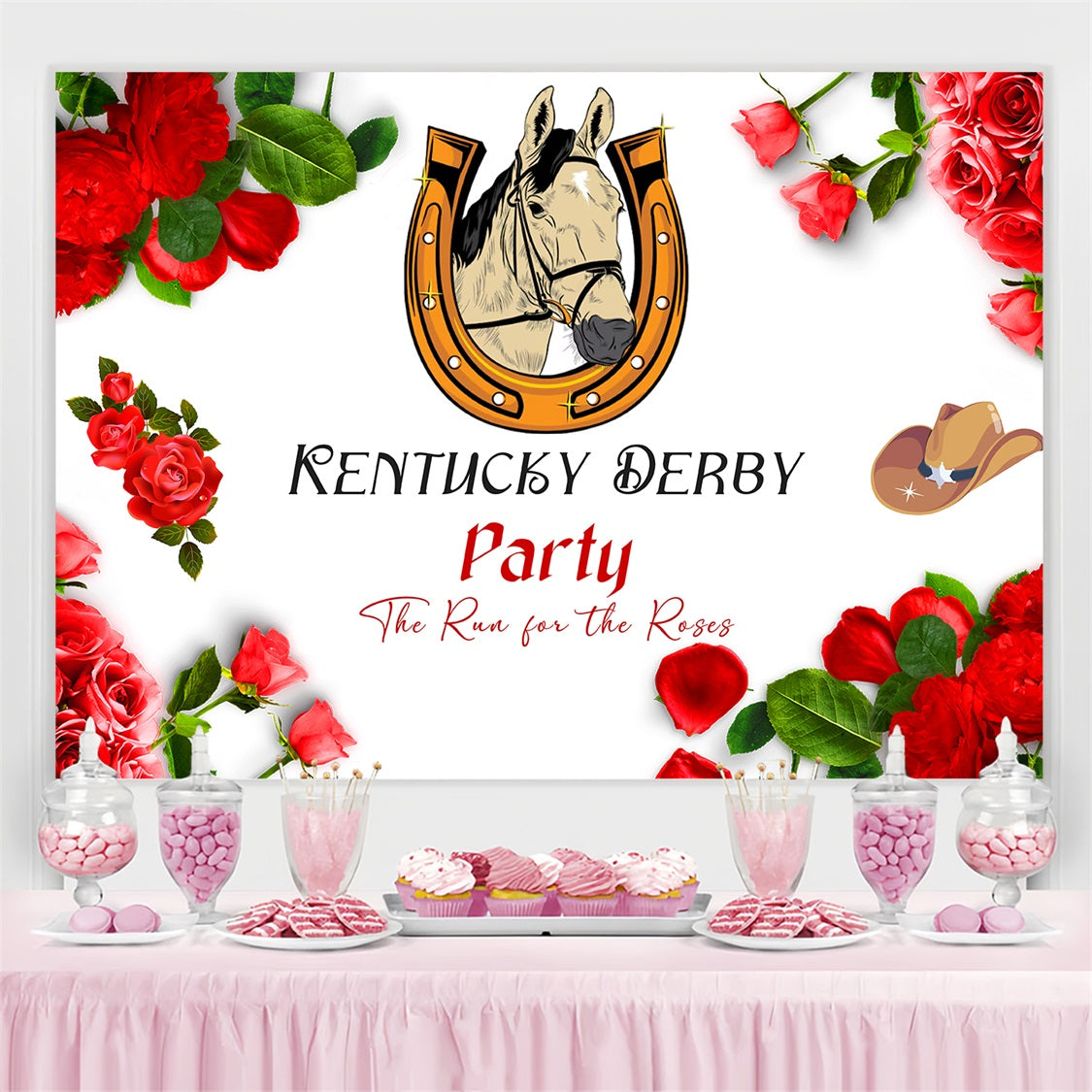 Kentucky Derby Backdrop Horseshoe Rose Party Personalised Backdrop LXX4-51