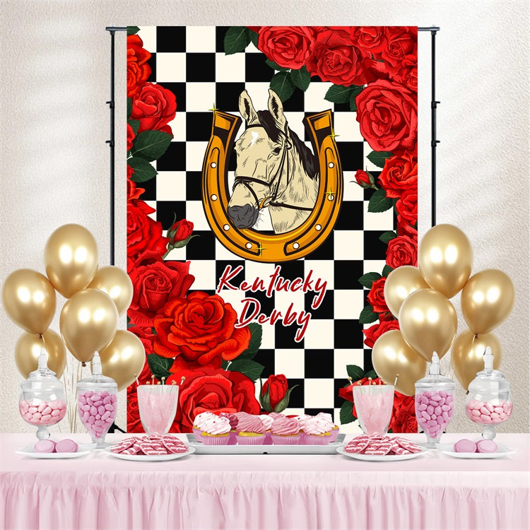 Kentucky Derby Backdrop Checkered Horse Flower Custom Backdrop LXX4-52