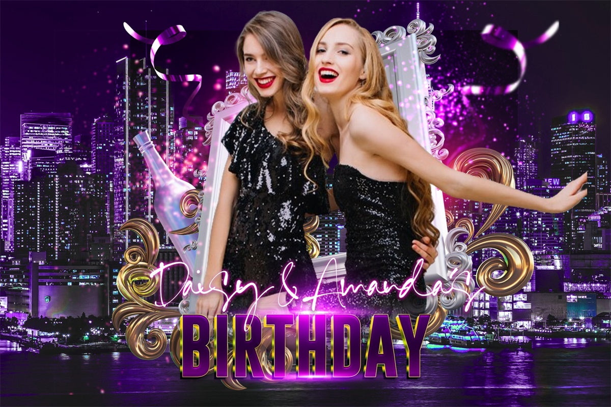 Personalized Birthday Backdrop City Lights Purple Glam Backdrop LXX4-7