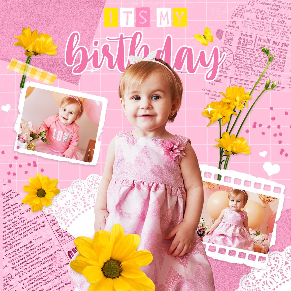 Backdrop For Birthday Pink Scrapbook Flower Personalized Backdrop LXX5-104