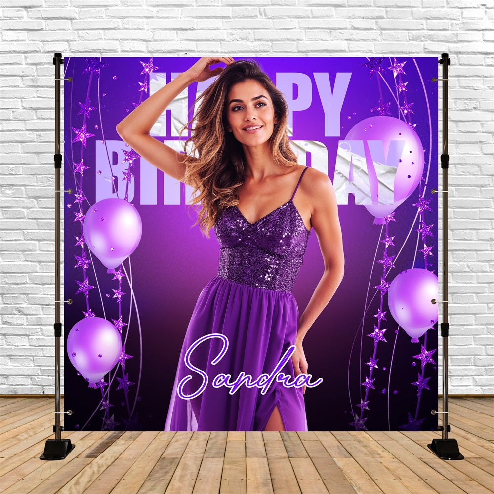 Purple Birthday Backdrop Balloon Stars Personalised Backdrop LXX5-144