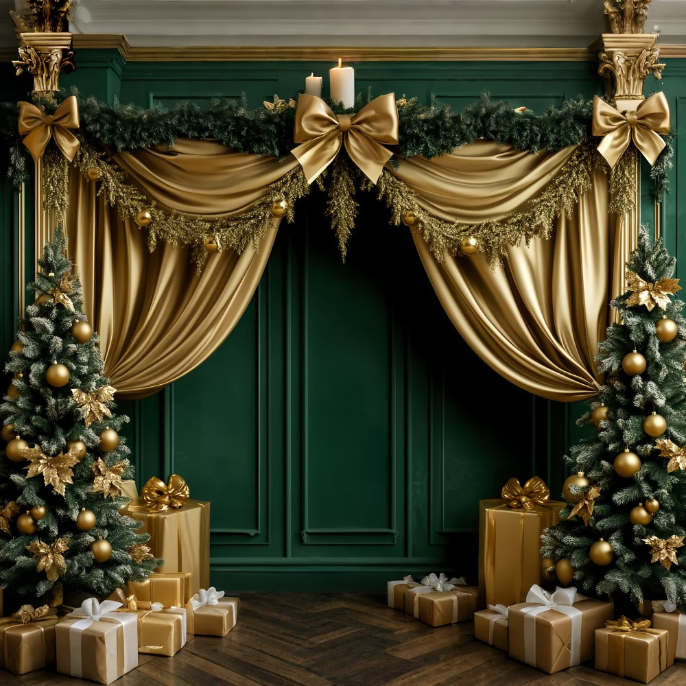 Bow Backdrops Emerald Gold Festive Curtain Victorian Christmas Backdrop LXX510-111