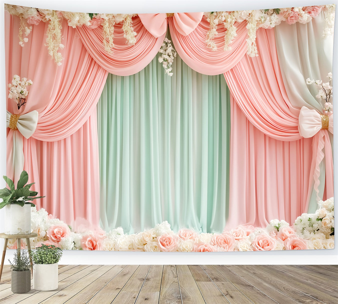 Pink Bow Backdrop Blush Mint Floral Drapery Victorian Backdrop LXX510-112