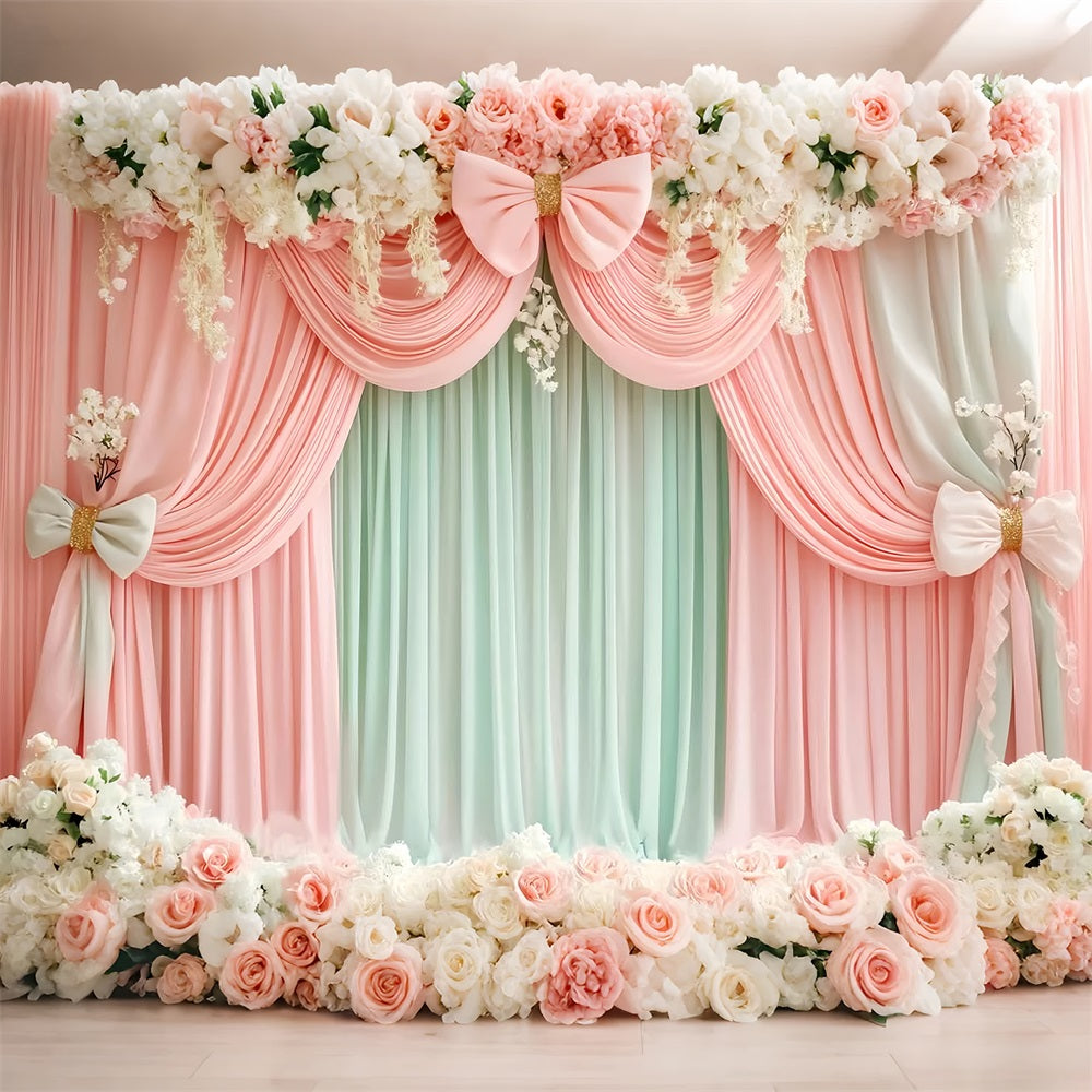 Pink Bow Backdrop Blush Mint Floral Drapery Victorian Backdrop LXX510-112