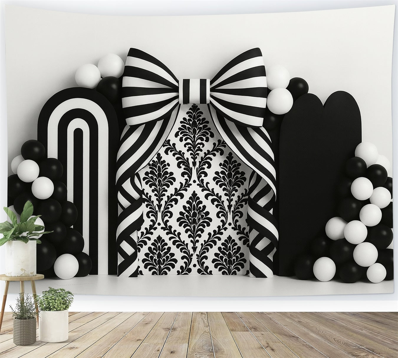 Black Bow Backdrop Monochrome Stripe Balloon Arch Victorian Backdrop LXX510-115
