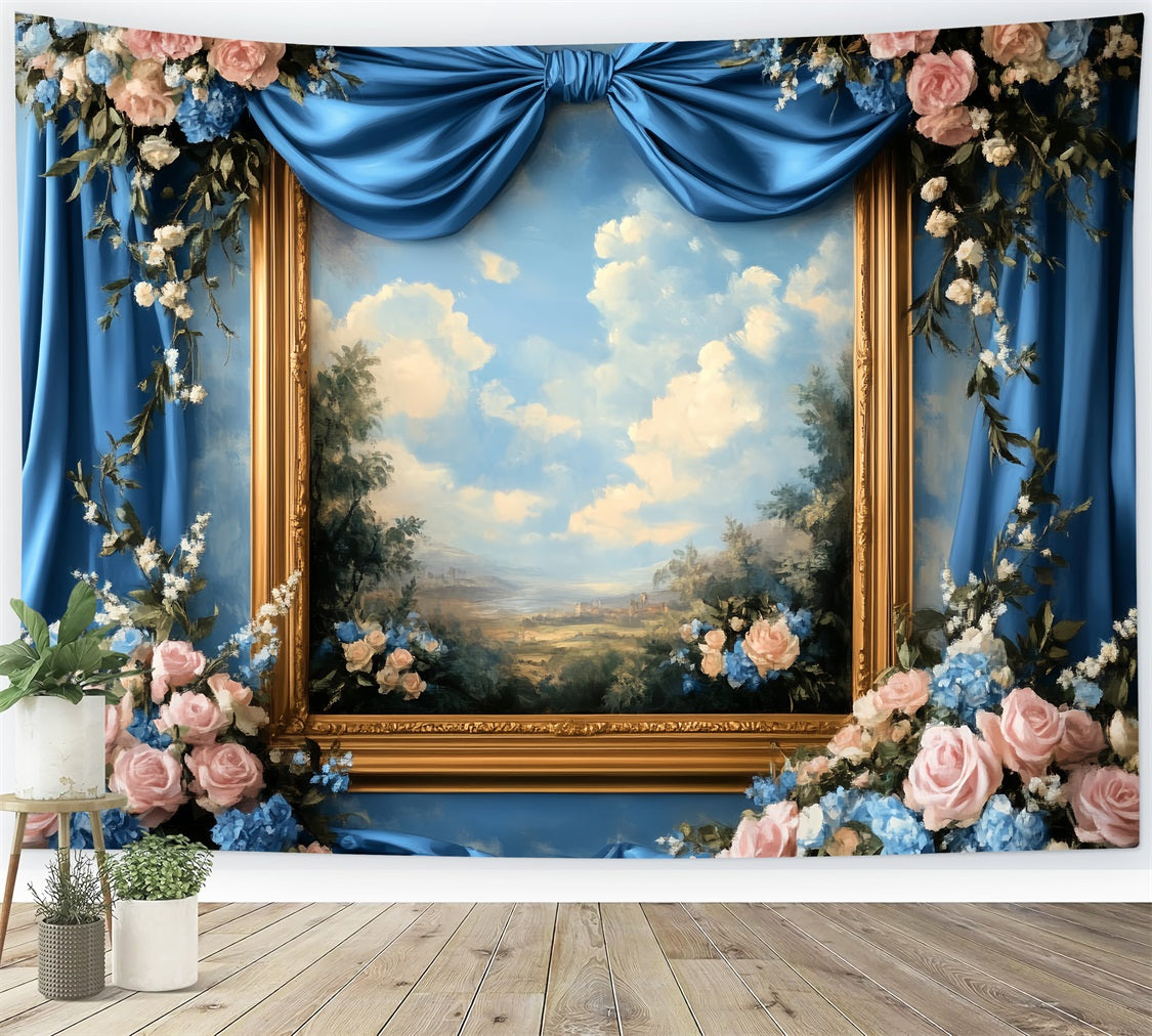 Large Bow Backdrop Blue Floral Painting Frame Victorian Photo Backdrop LXX510-117