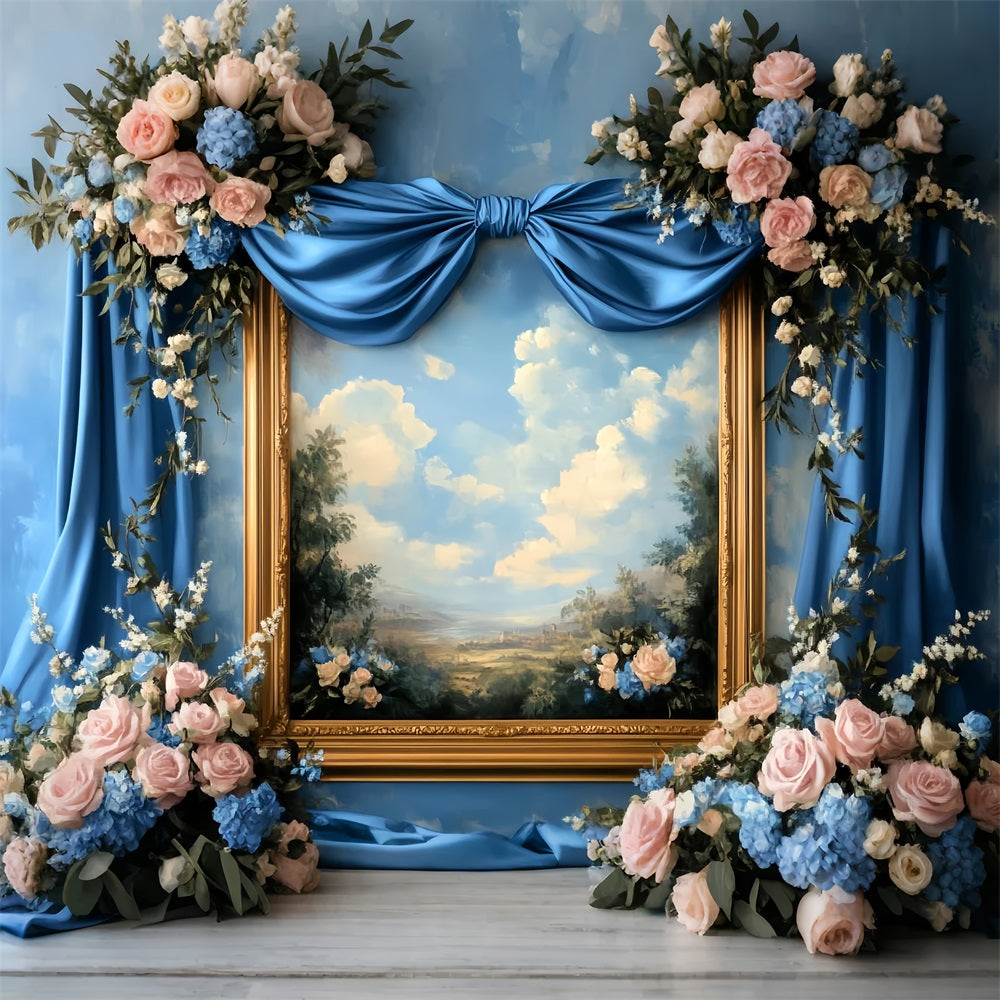 Large Bow Backdrop Blue Floral Painting Frame Victorian Photo Backdrop LXX510-117