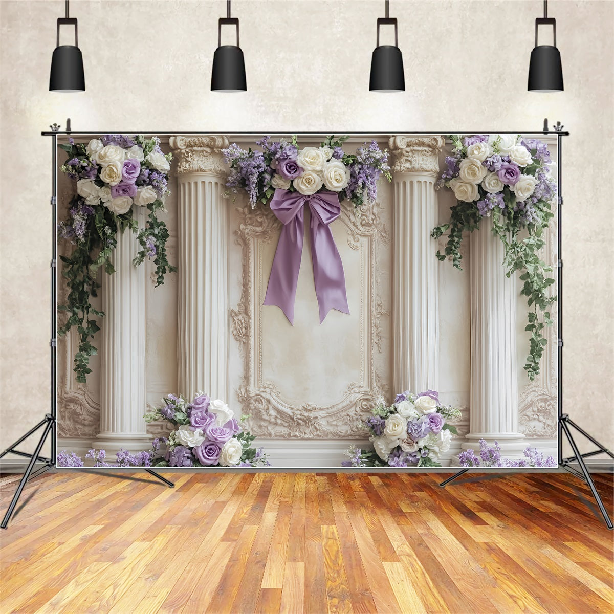Large Bow Backdrop Lavender Ivory Floral Columns Victorian Backdrop LXX510-119