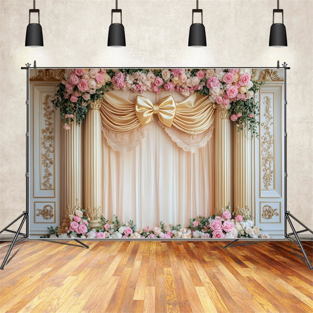 Large Bow Backdrop Golden Bow Rose Columns Victorian Photo Backdrop LXX510-120