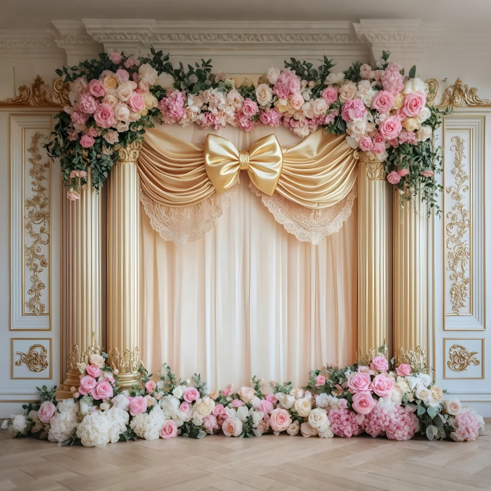 Large Bow Backdrop Golden Bow Rose Columns Victorian Photo Backdrop LXX510-120