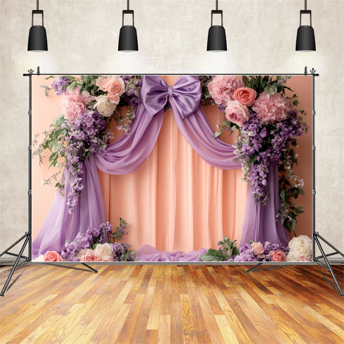 Large Bow Backdrop Lilac Peach Floral Drapery Victorian Backdrops LXX510-121