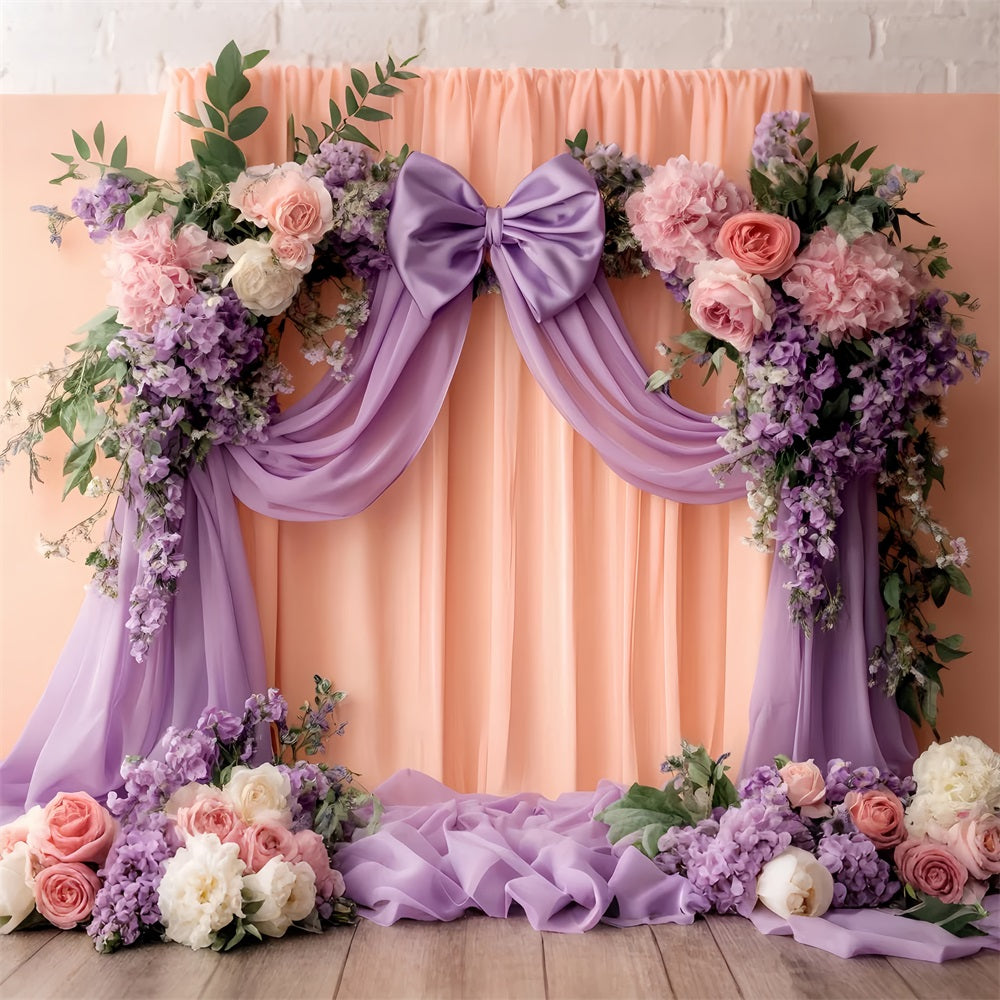 Large Bow Backdrop Lilac Peach Floral Drapery Victorian Backdrops LXX510-121