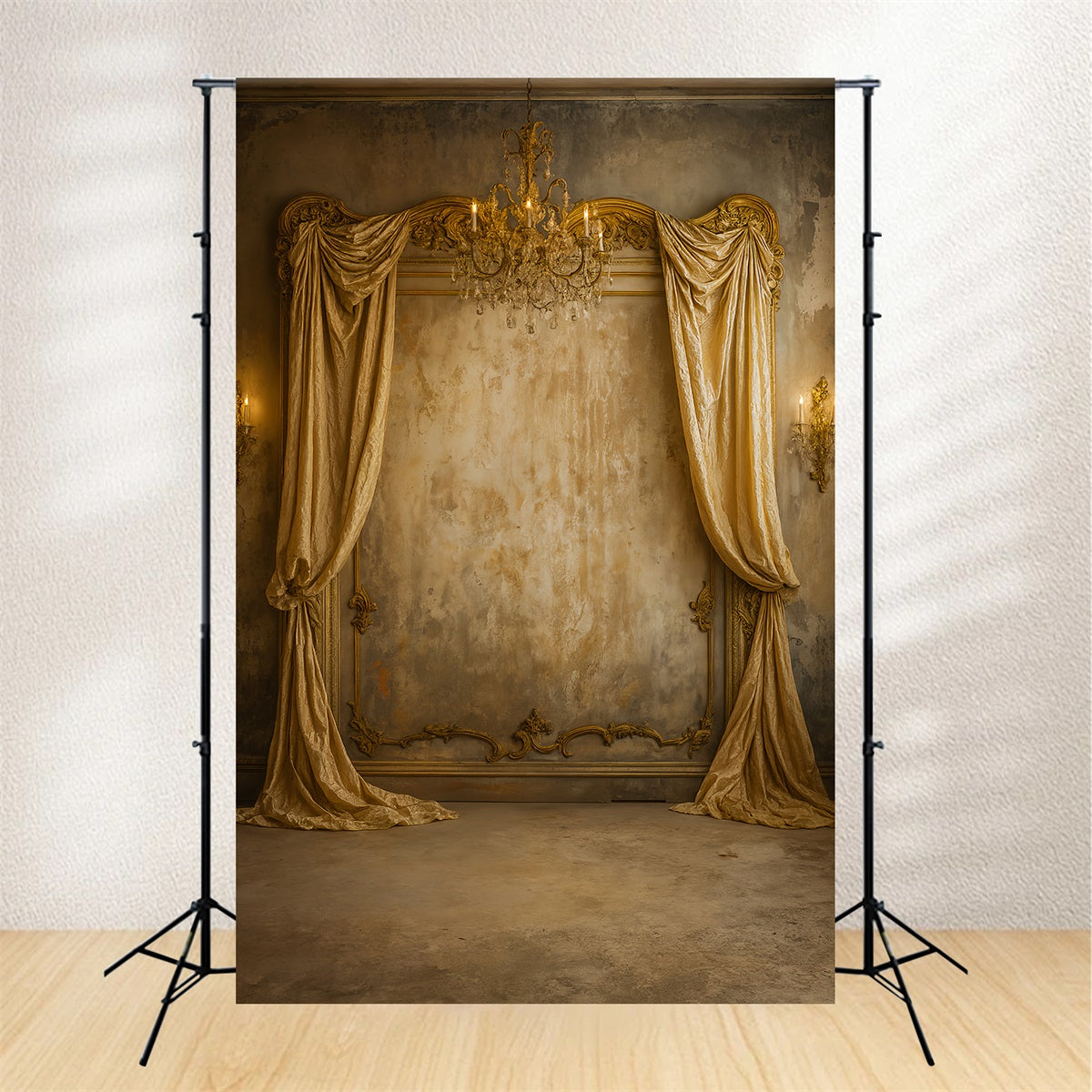 Vintage Wall Backdrop Golden Draped Chandelier Elegance Victorian Backdrop LXX510-130
