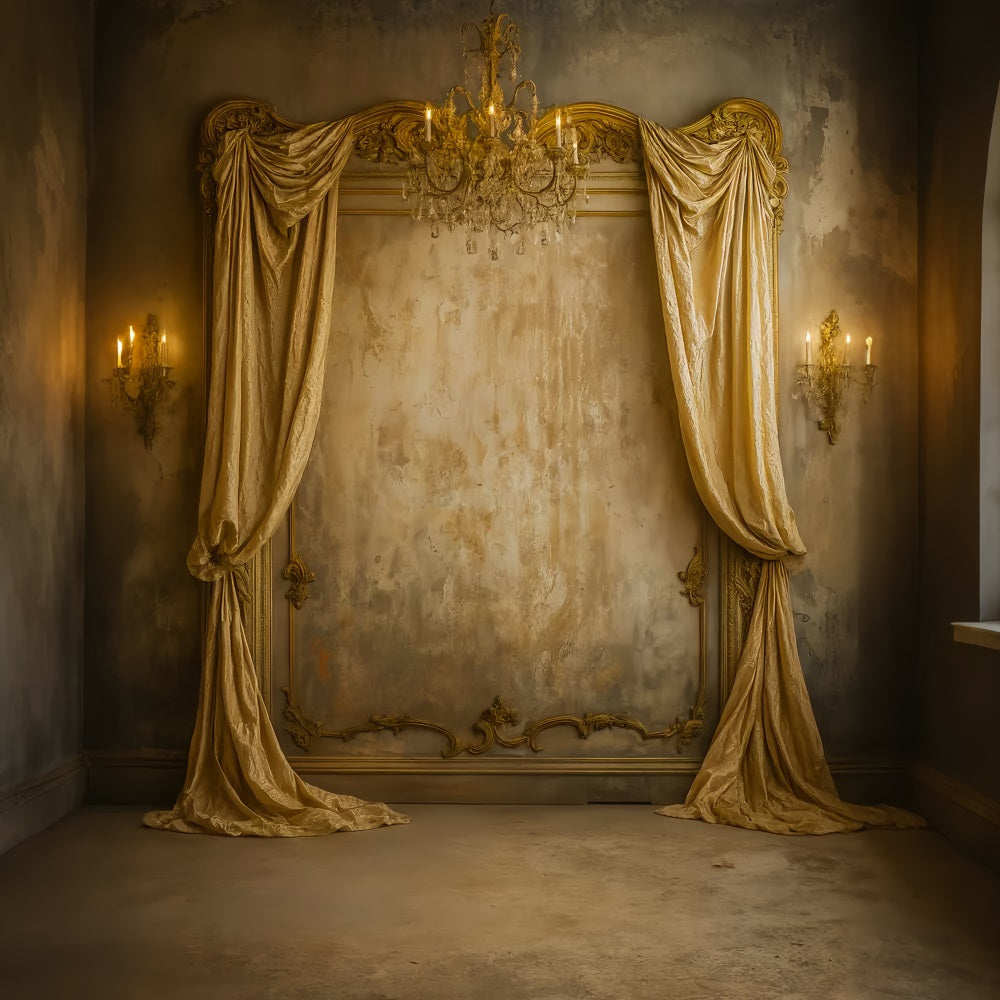 Vintage Wall Backdrop Golden Draped Chandelier Elegance Victorian Backdrop LXX510-130