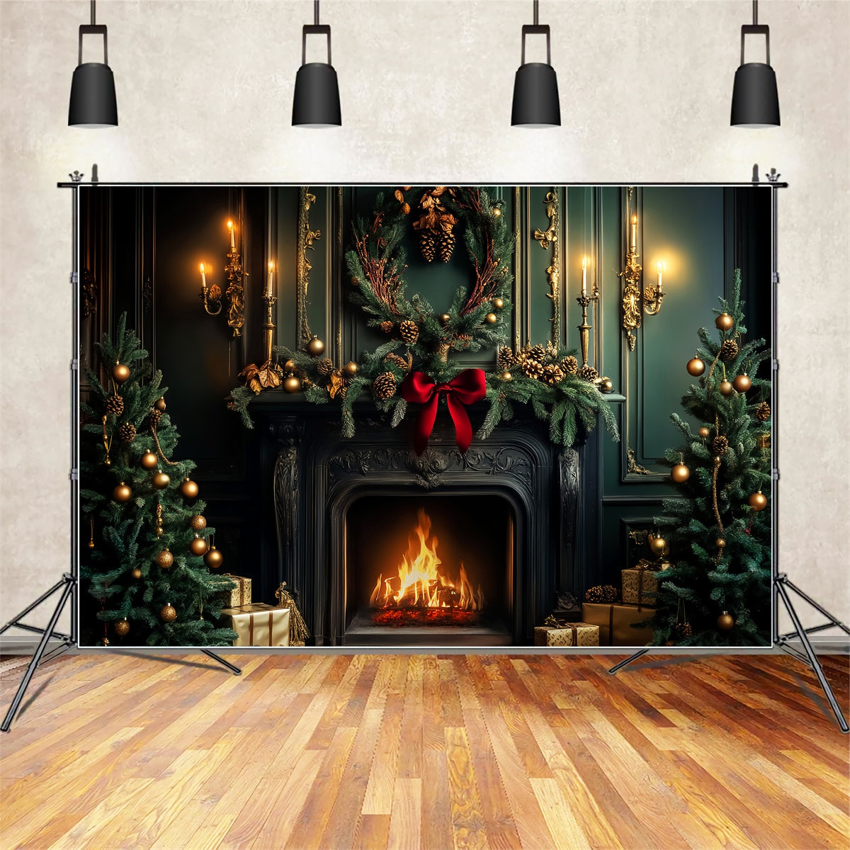 Victorian Christmas Backdrop Emerald Fireplace Holiday Warmth Victorian Backdrop LXX510-135
