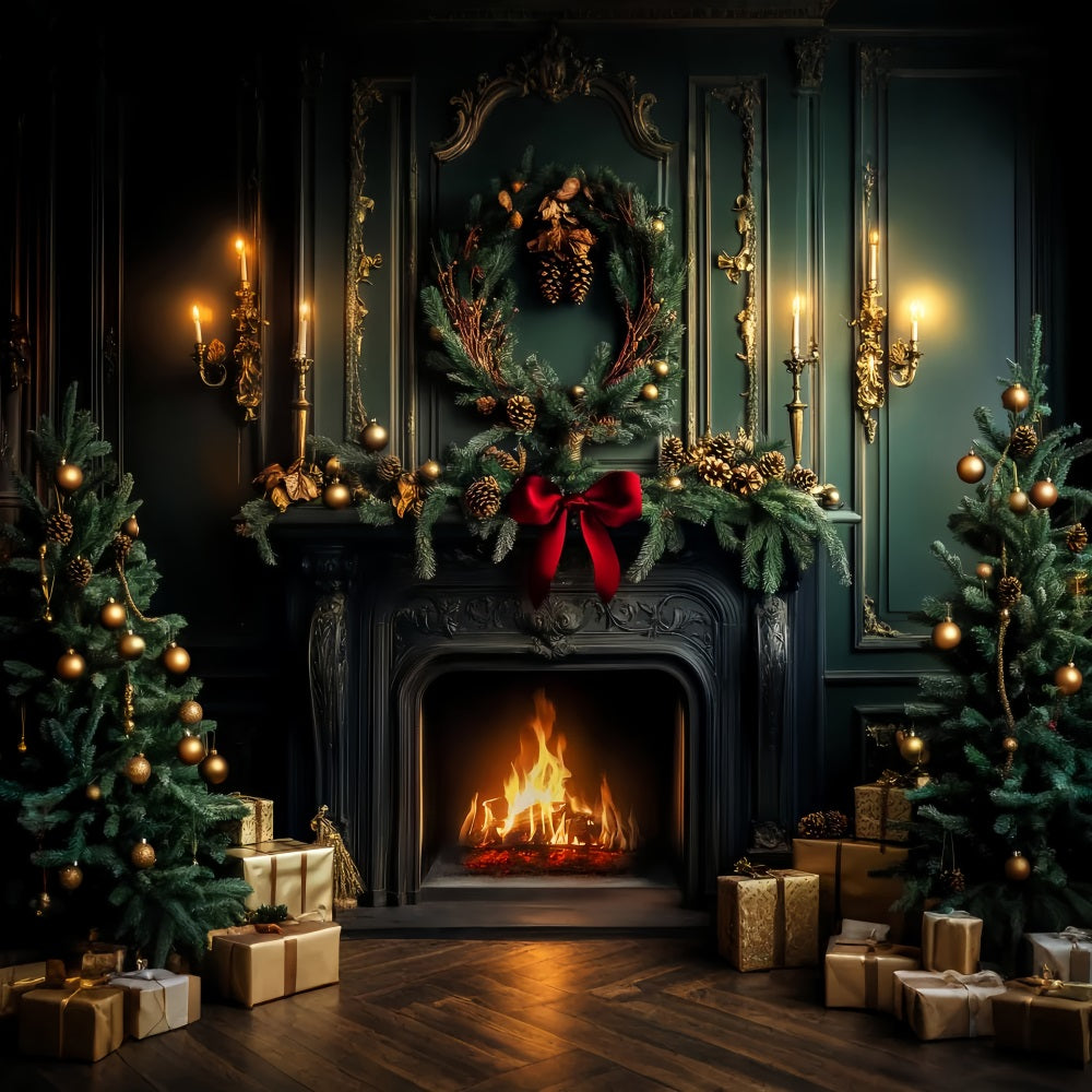 Victorian Christmas Backdrop Emerald Fireplace Holiday Warmth Victorian Backdrop LXX510-135