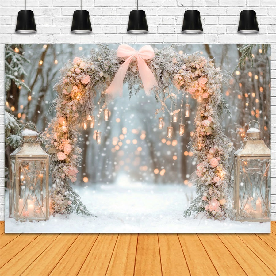 Pink Bow Backdrop Snowy Floral Lantern Arch Winter Backdrop LXX510-137