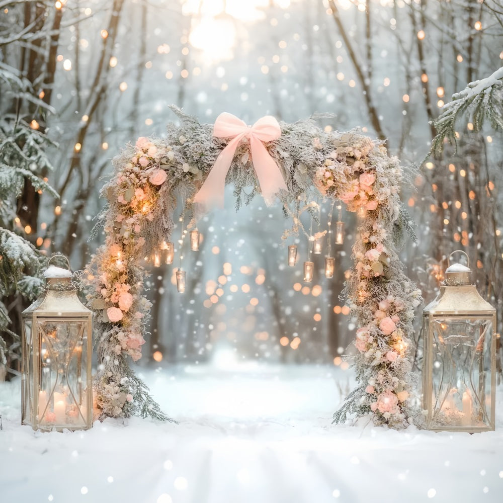 Pink Bow Backdrop Snowy Floral Lantern Arch Winter Backdrop LXX510-137