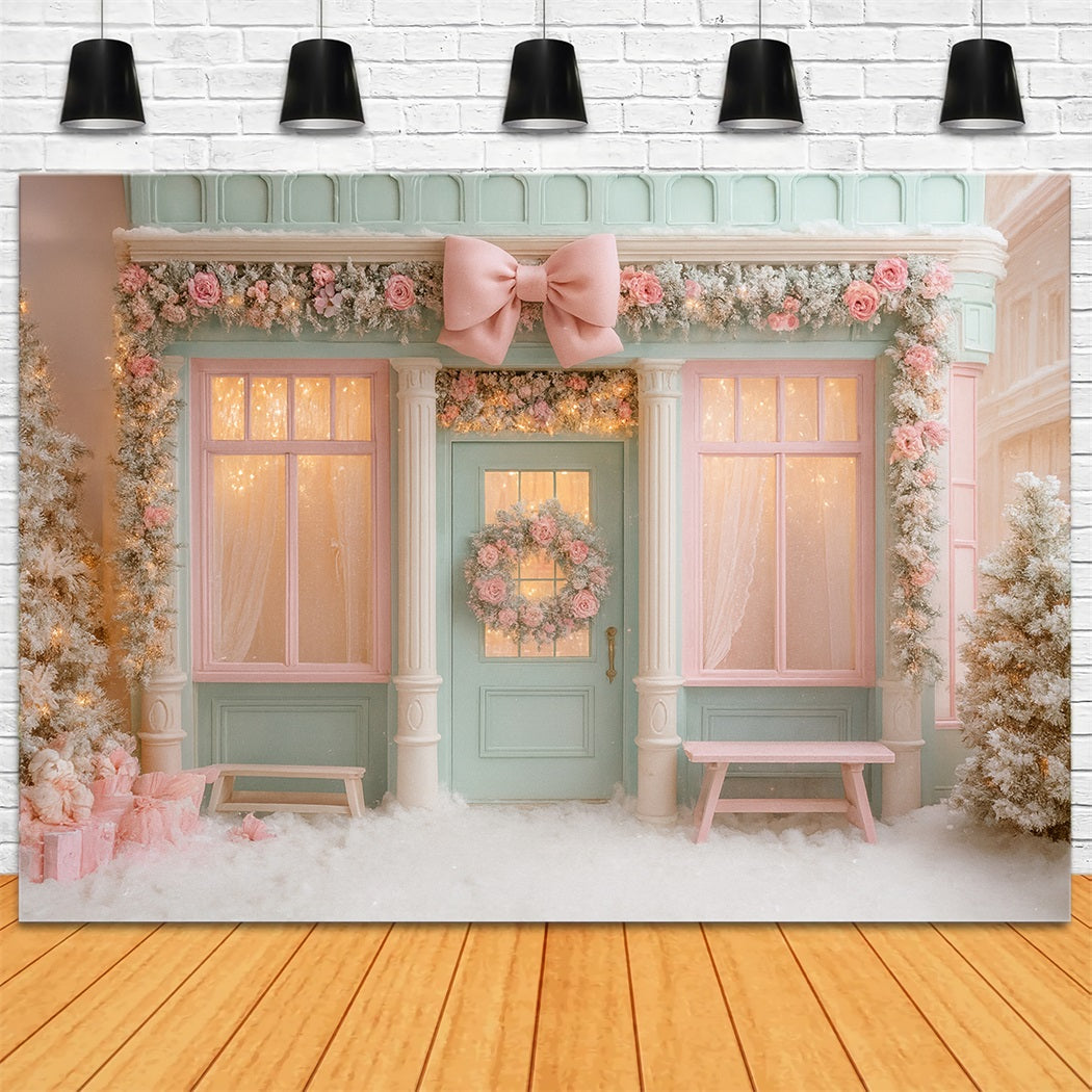 Pink Bow Backdrop Pastel Winter Boutique Doorway Christmas Photo Backdrop LXX510-138