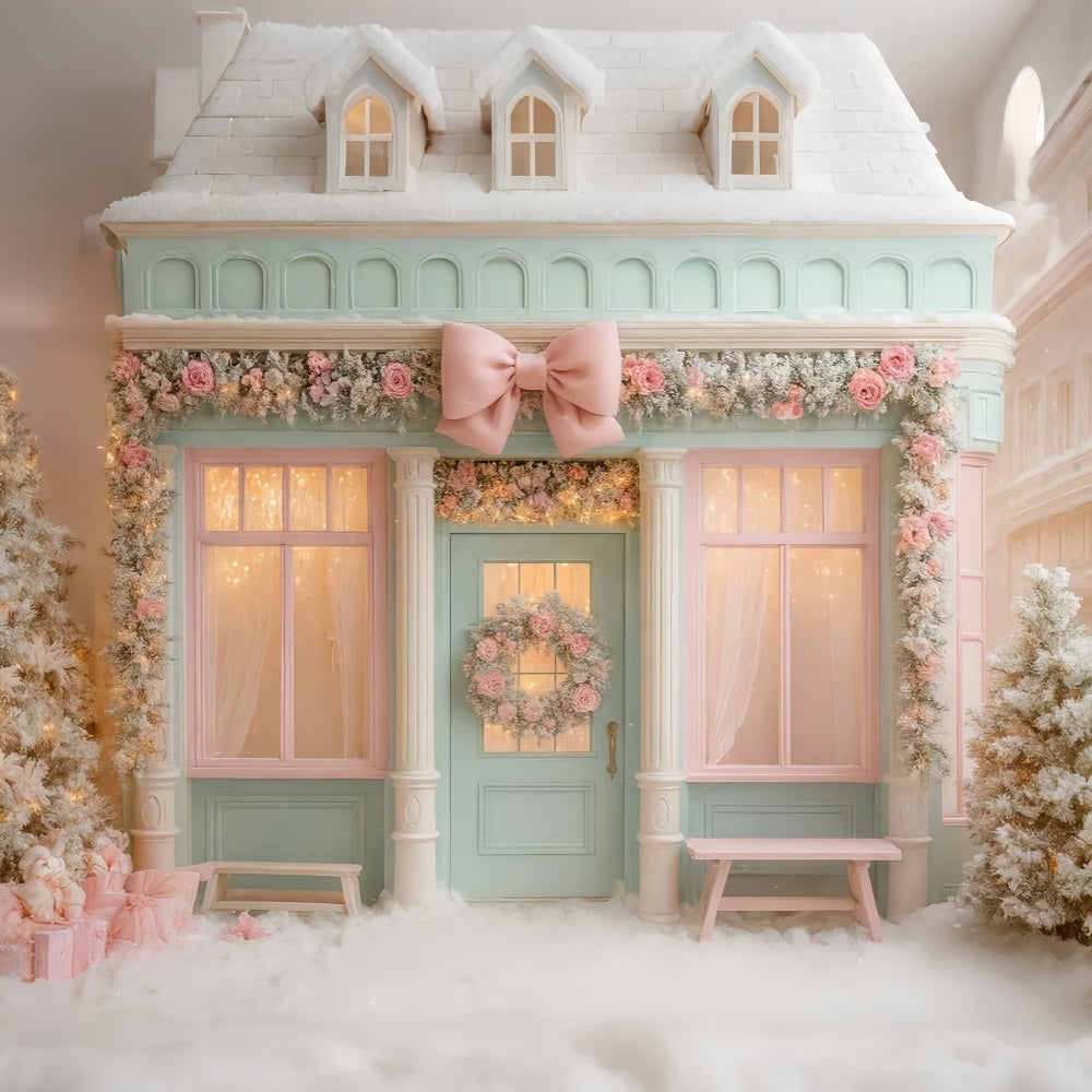 Pink Bow Backdrop Pastel Winter Boutique Doorway Christmas Photo Backdrop LXX510-138
