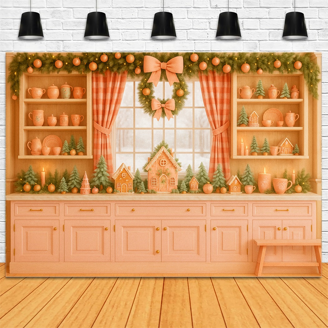 Pink Bow Backdrop Gingerbread Kitchen Holiday Charm Christmas Backdrop LXX510-139