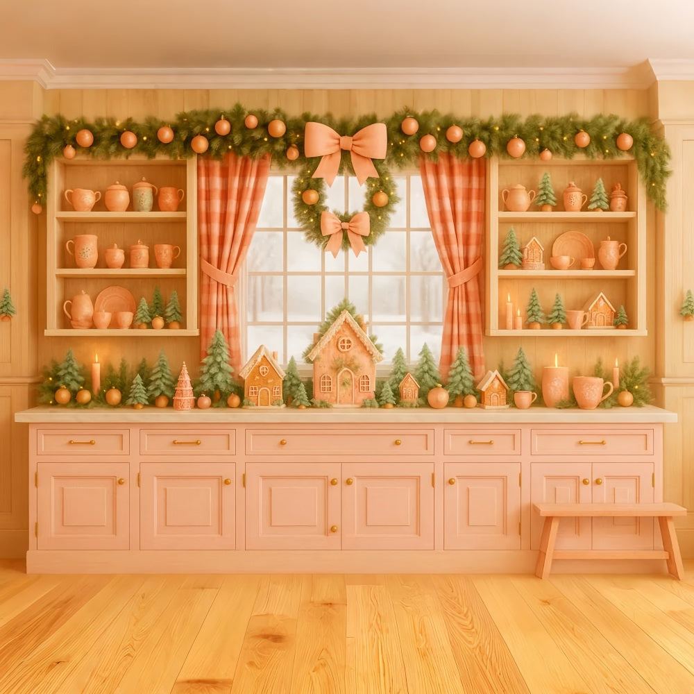 Pink Bow Backdrop Gingerbread Kitchen Holiday Charm Christmas Backdrop LXX510-139