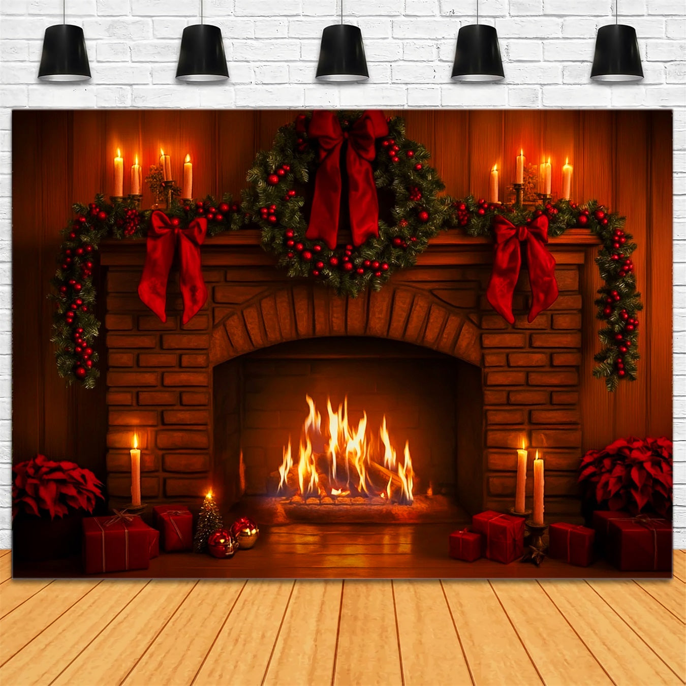 Pink Bow Backdrop Red Garland Fireplace Glow Christmas Photo Backdrop LXX510-140