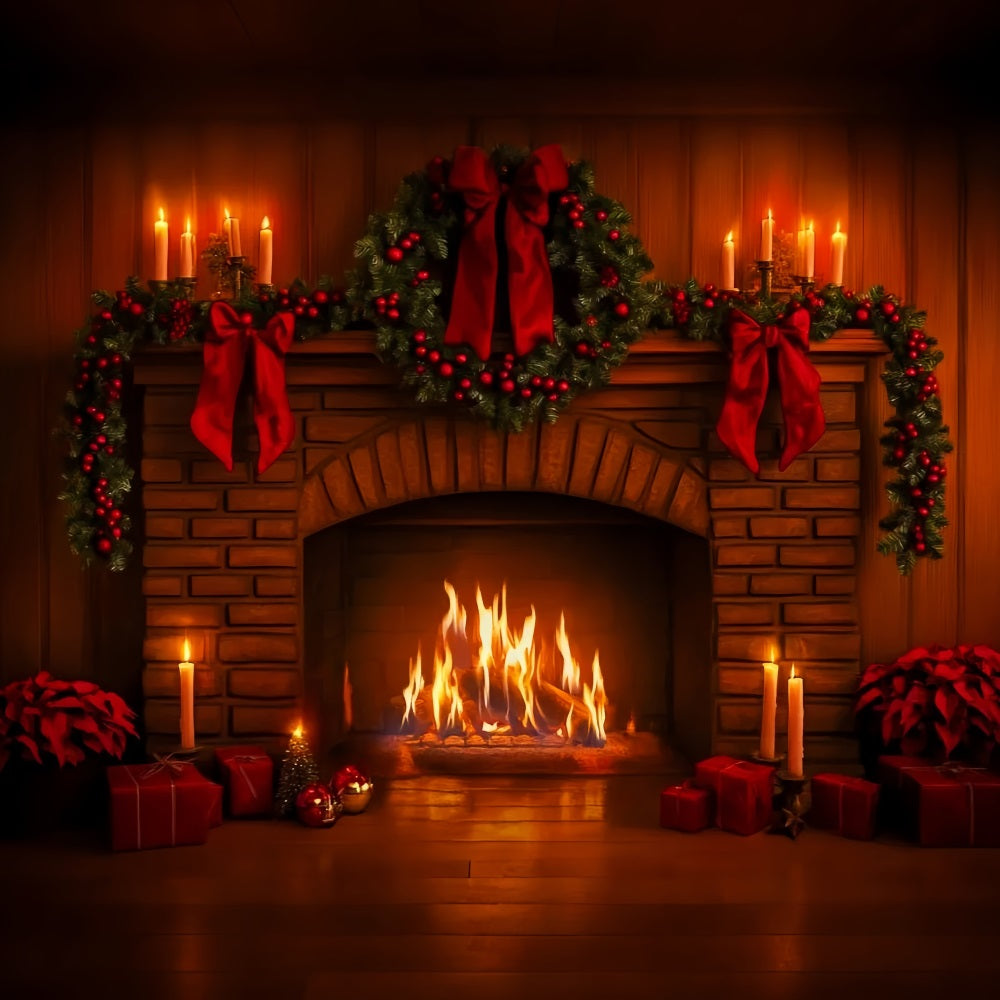 Pink Bow Backdrop Red Garland Fireplace Glow Christmas Photo Backdrop LXX510-140