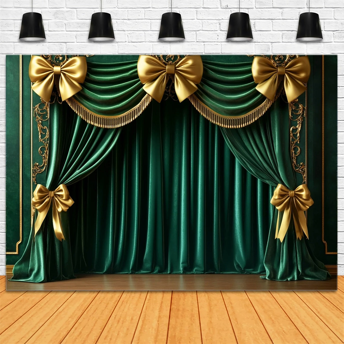 Bow Backdrop Emerald Curtain Golden Glamour Christmas Photo Backdrop LXX510-142