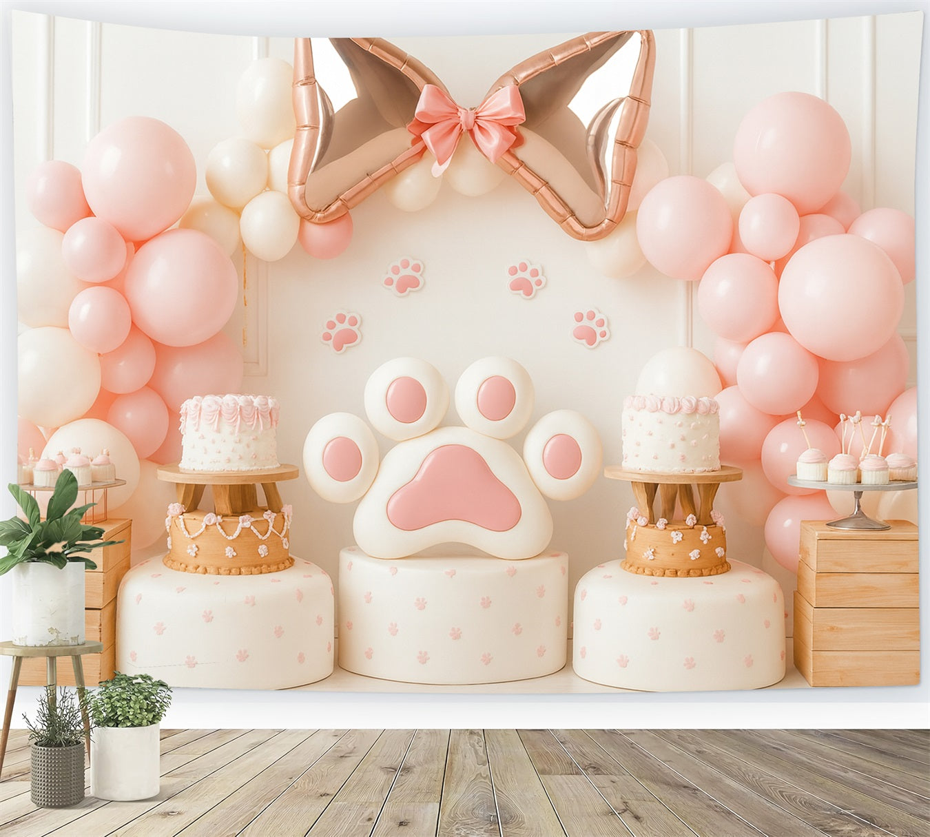 Bow Backdrop Pink Paw Balloon Delight Cake Smash Backdrop LXX510-144