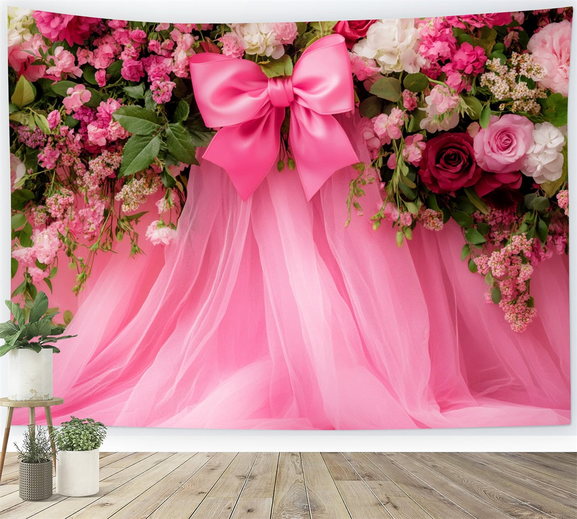 Large Bow Backdrop Pink Floral Tulle Fantasy Flower Backdrop LXX510-150