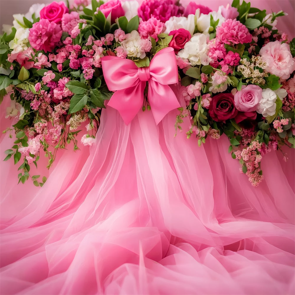Large Bow Backdrop Pink Floral Tulle Fantasy Flower Backdrop LXX510-150