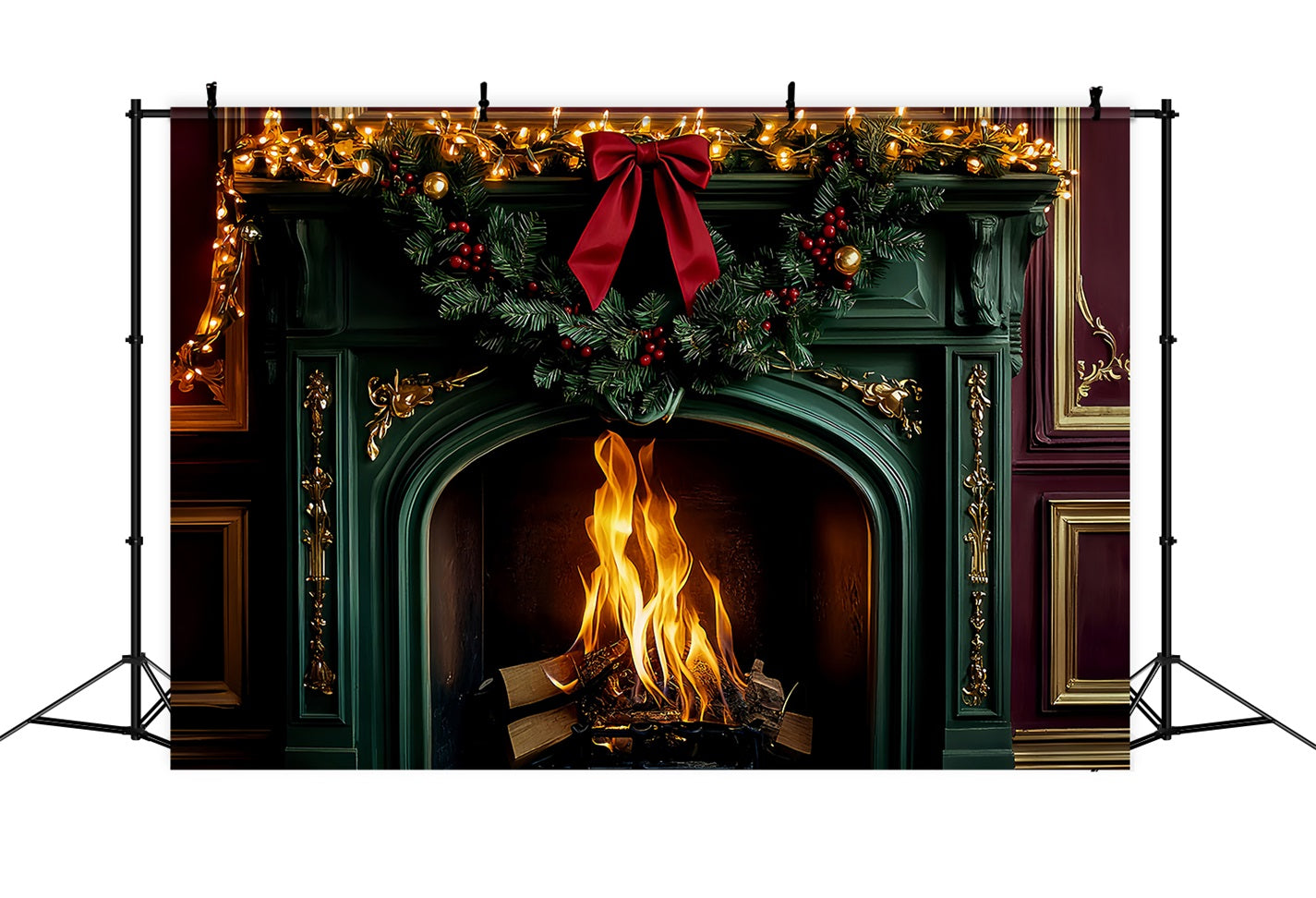 Bow Backdrop Emerald Fireplace Holiday Glow Christmas Backdrop LXX510-151