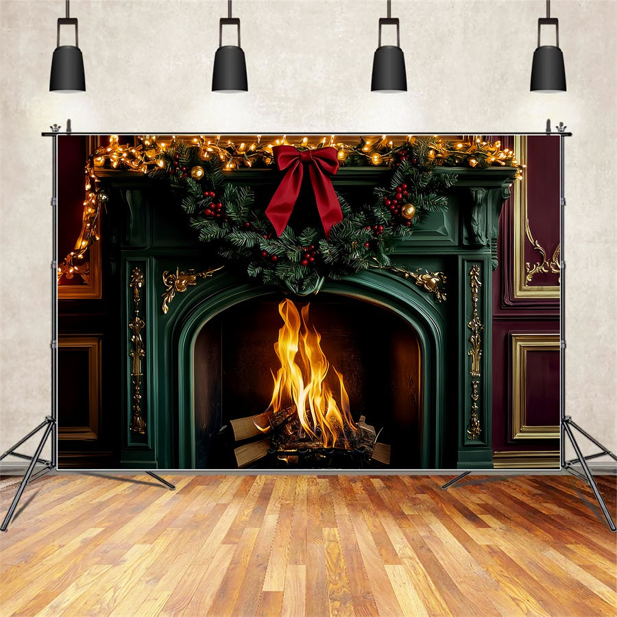 Bow Backdrop Emerald Fireplace Holiday Glow Christmas Backdrop LXX510-151