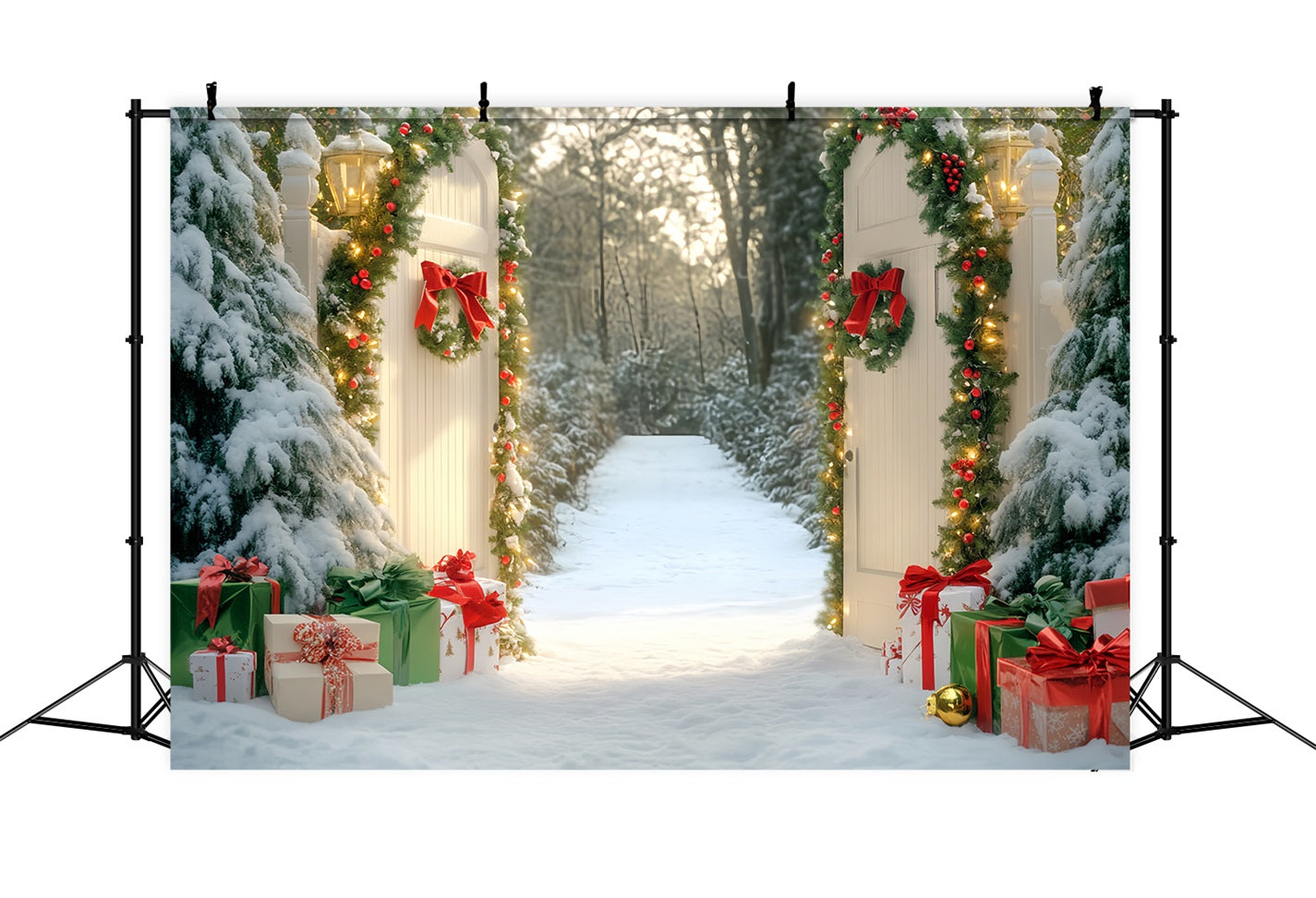 Bow Backdrop Snowy Gate Forest Pathway Christmas Backdrop LXX510-152