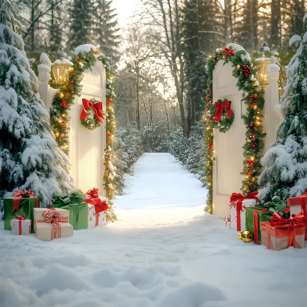 Bow Backdrop Snowy Gate Forest Pathway Christmas Backdrop LXX510-152